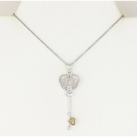 Heart Key Heart Necklace Sterling Silver Cz accents 16 inch chain - Picture 7 of 9